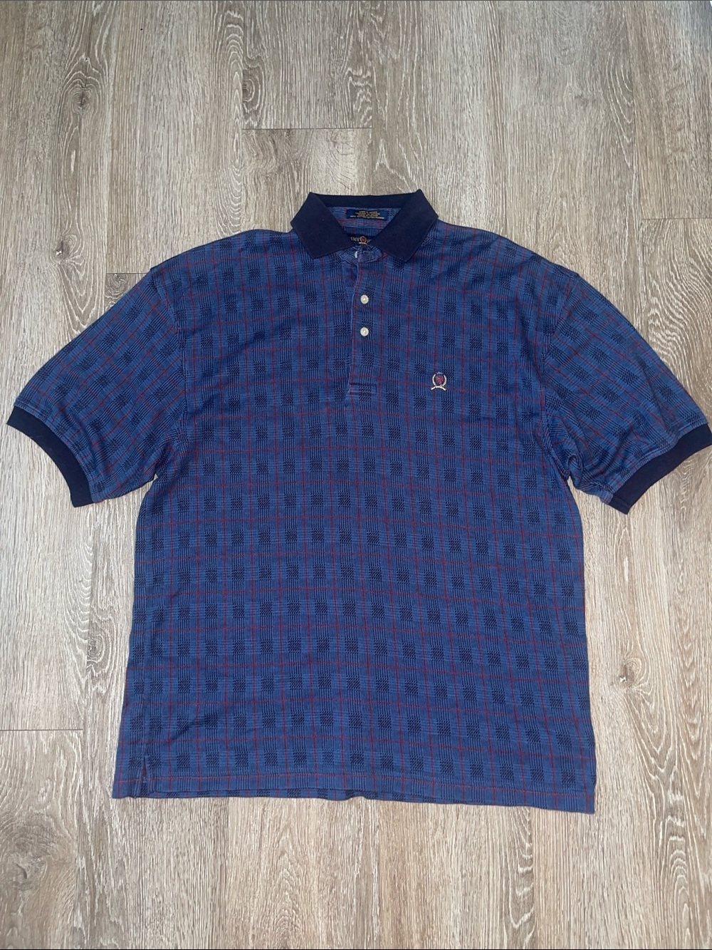 Tommy Hilfiger vintage Blue Polo with Red Check Detail short sleeve cotton small